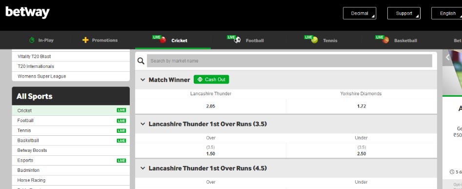 bet on cricket on the popular Betway